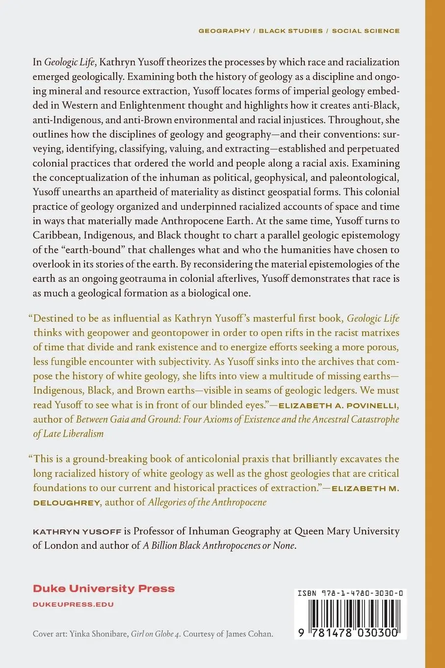 Rückseite: 9781478030300 | Geologic Life | Inhuman Intimacies and the Geophysics of Race | Yusoff
