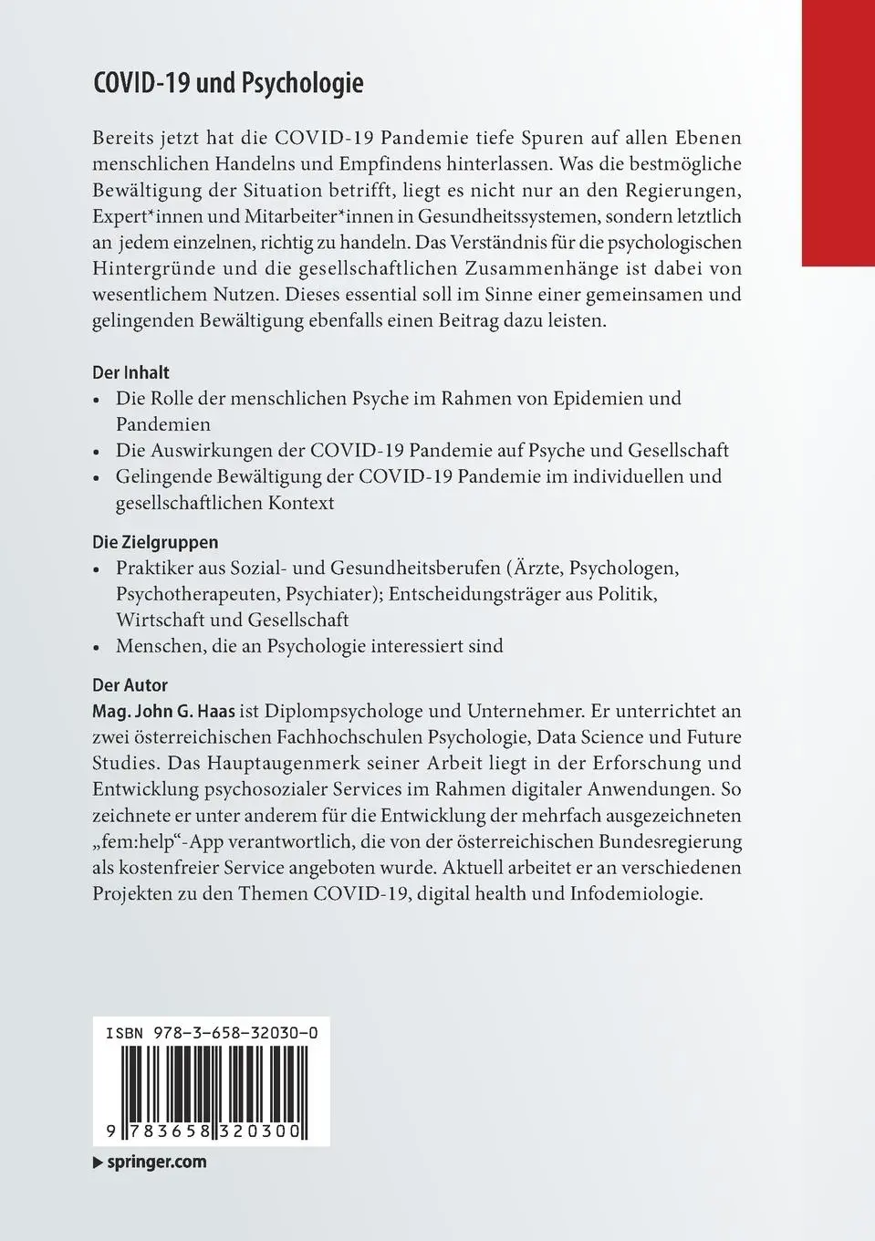 Rückseite: 9783658320300 | COVID-19 und Psychologie | John G. Haas | Taschenbuch | xvii | Deutsch