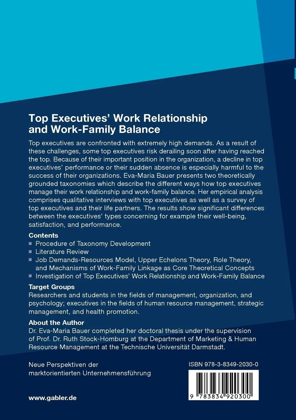 Rückseite: 9783834920300 | Top Executives' Work Relationship and Work-Family Balance | Bauer
