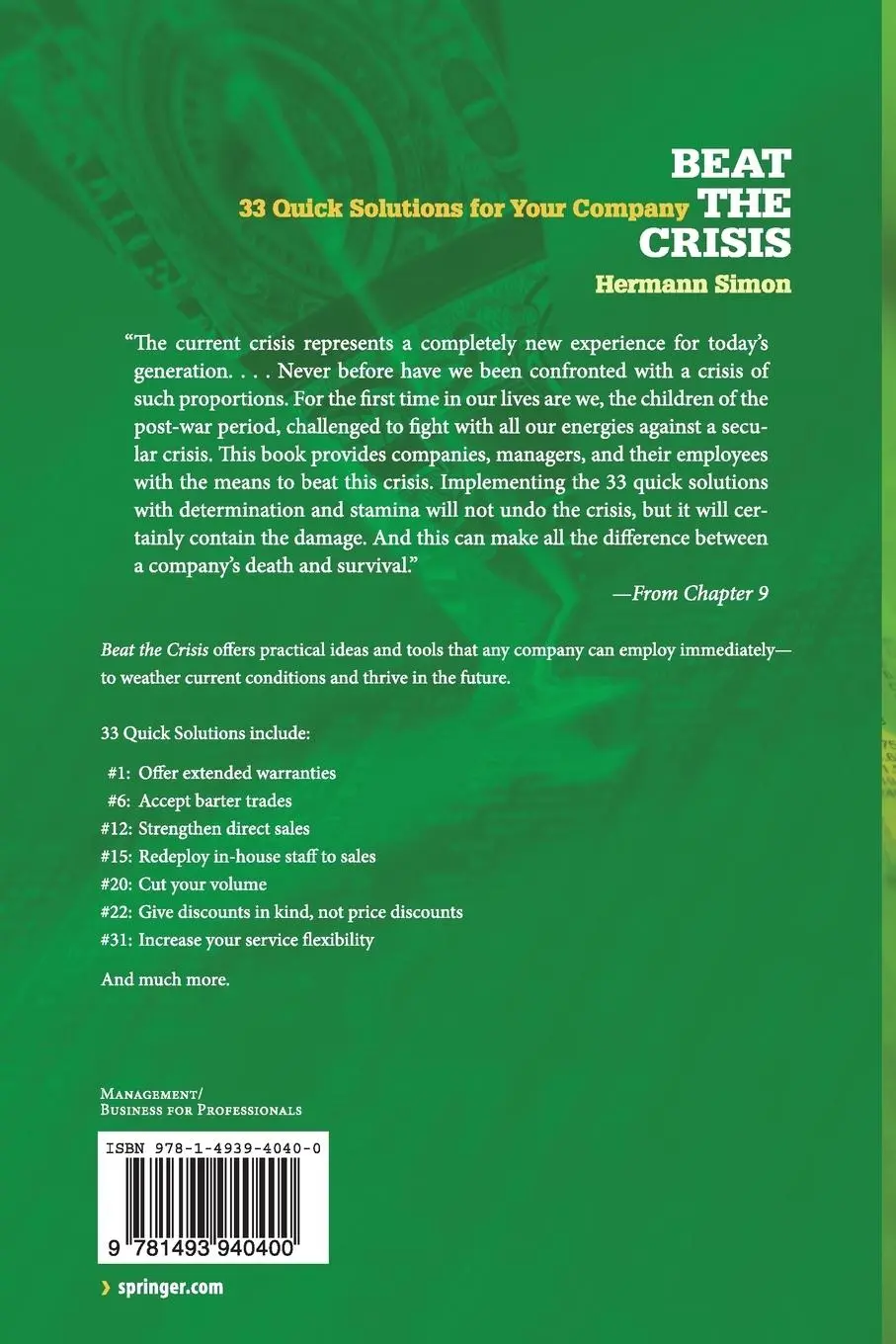 Rückseite: 9781493940400 | Beat the Crisis: 33 Quick Solutions for Your Company | Hermann Simon