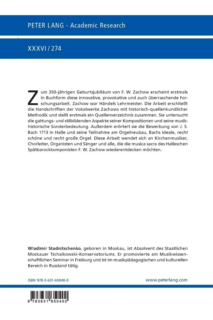 Rückseite: 9783631650400 | Zachows Kantaten | Quellen - Stil - Kontext | Wladimir Stadnitschenko