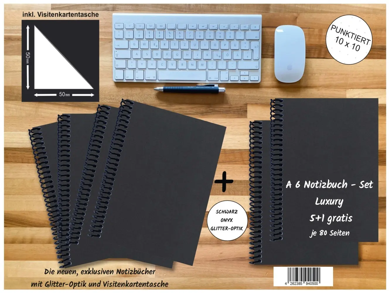 A 6 Notizbuch - Set, 4+2 gratis, Luxury 80 Seiten SCHWARZ ONYX GLITTER-OPTIK, punktiert 10x10mm