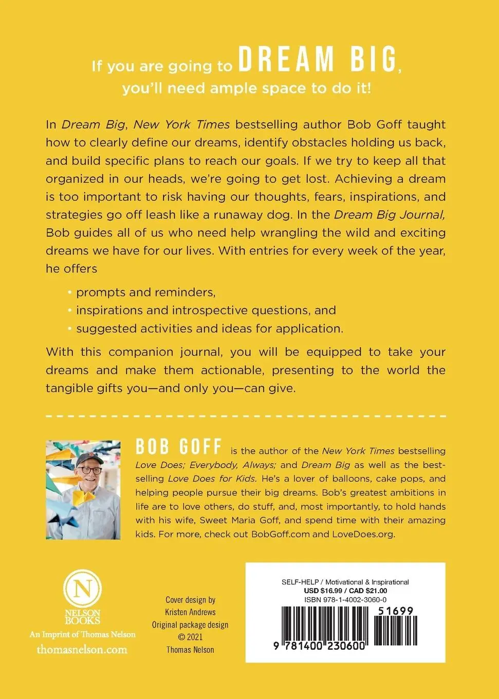 Rückseite: 9781400230600 | Dream Big Journal Softcover | Bob Goff | Taschenbuch | Englisch | 2022