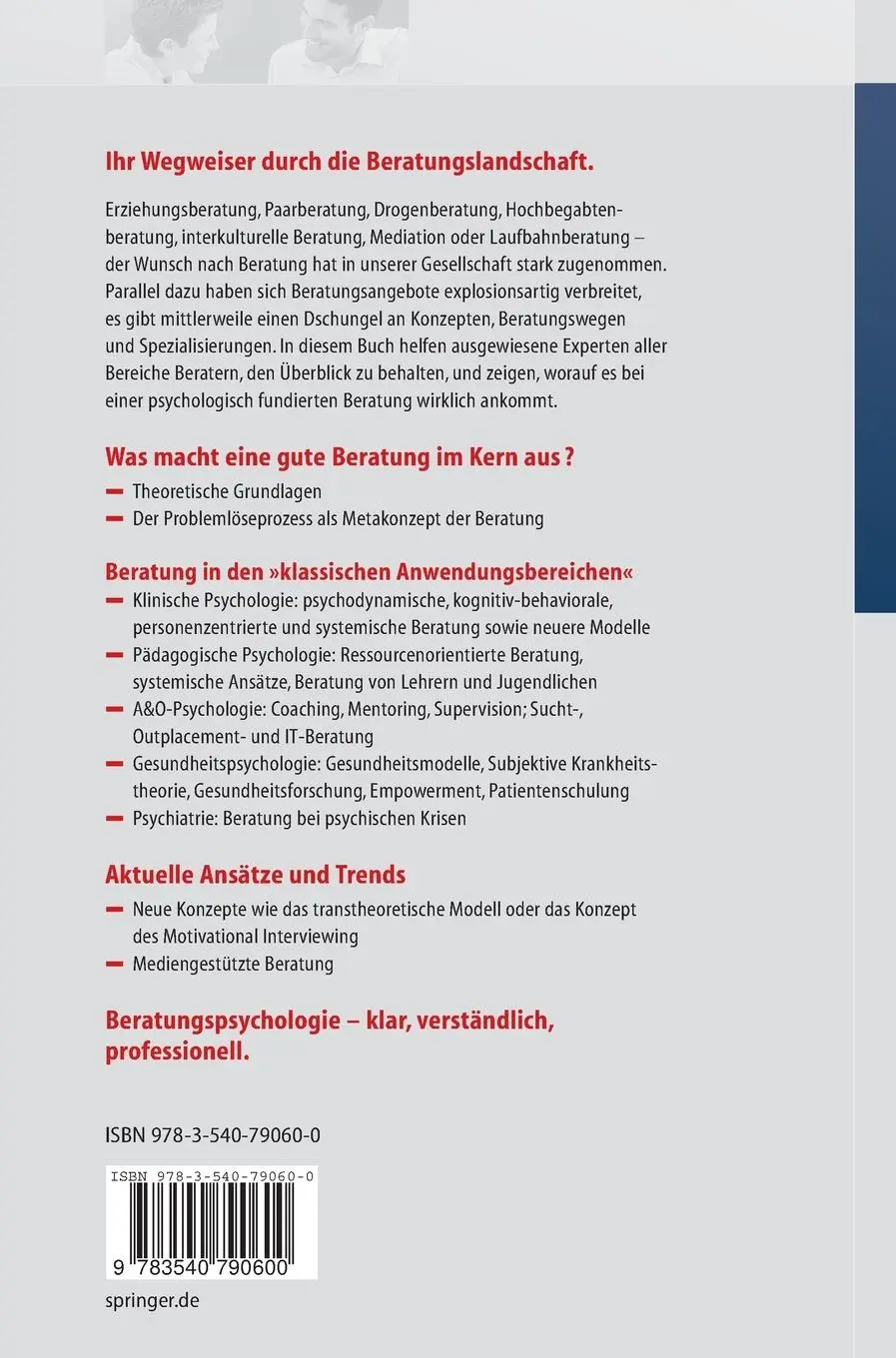 Rückseite: 9783540790600 | Beratungspsychologie | Petra Warschburger | Buch | xi | Deutsch | 2009