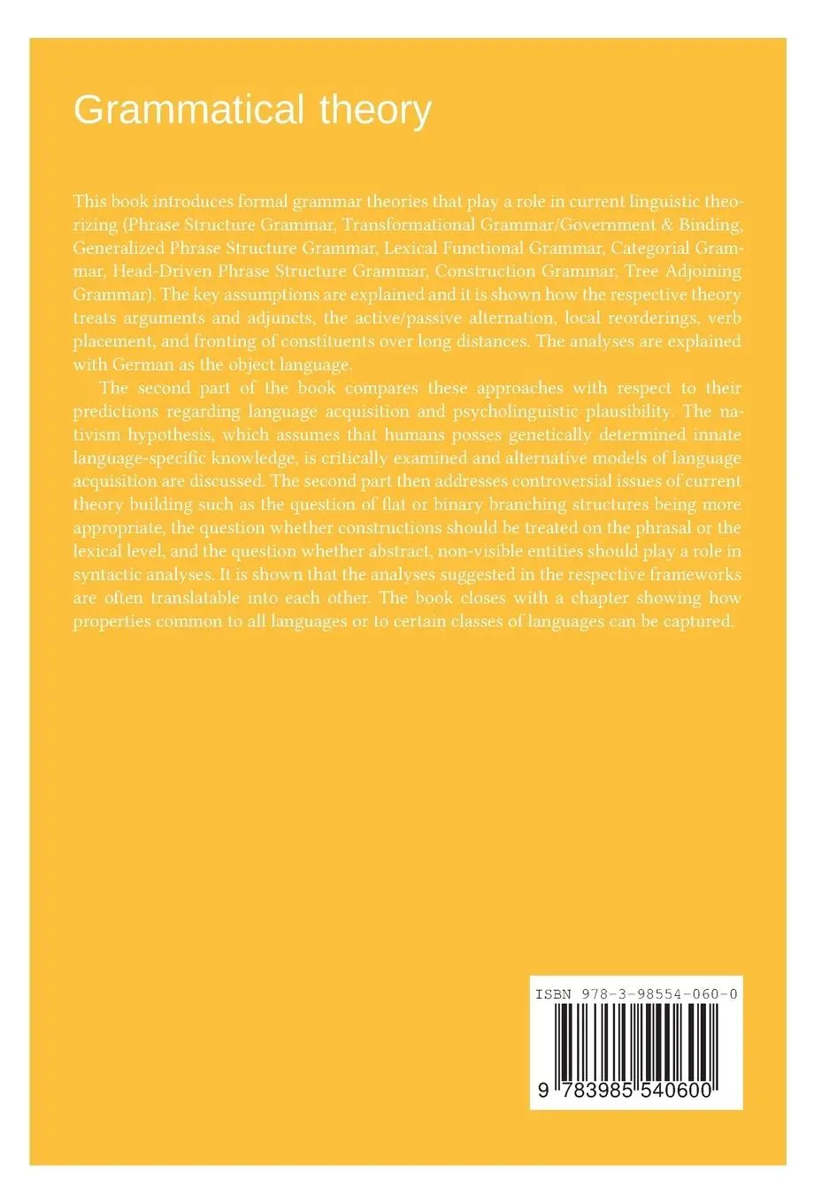 Rückseite: 9783985540600 | Grammatical theory : From transformational grammar to...