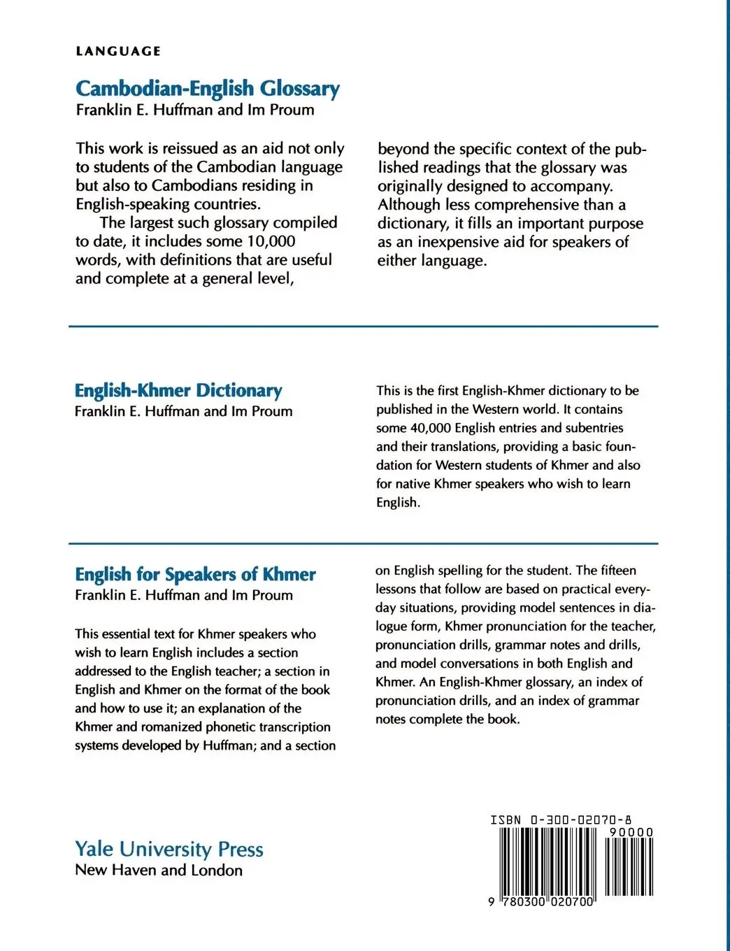 Rückseite: 9780300020700 | Cambodian-English Glossary | Franklin E. Huffman | Taschenbuch | 1981