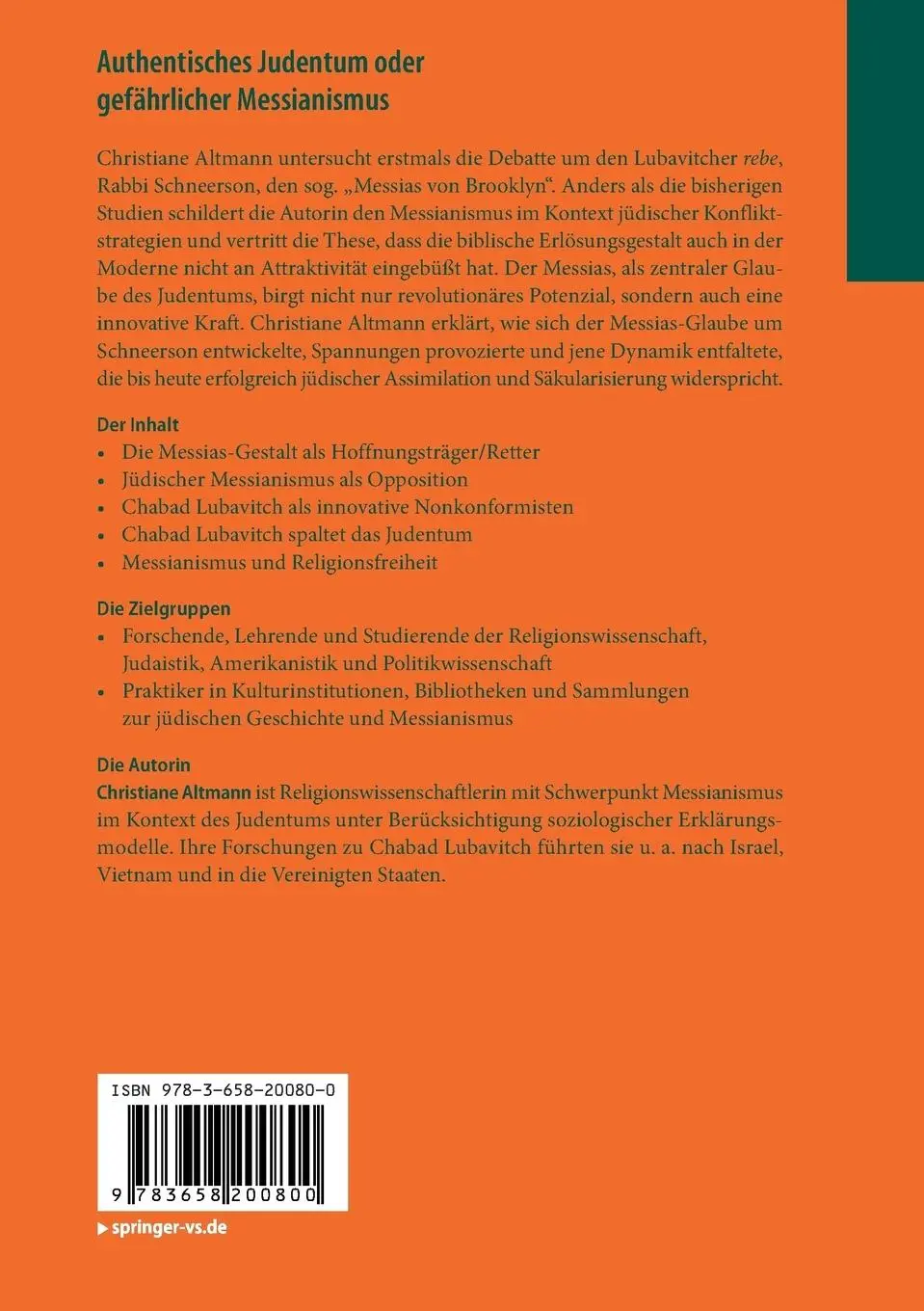 Rückseite: 9783658200800 | Authentisches Judentum oder gefährlicher Messianismus | Altmann | Buch