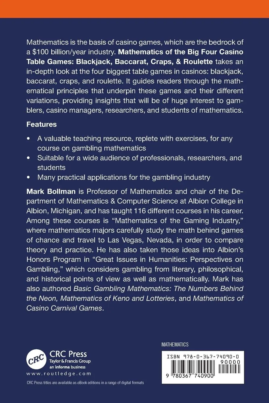 Rückseite: 9780367740900 | Mathematics of The Big Four Casino Table Games | Mark Bollman | Buch