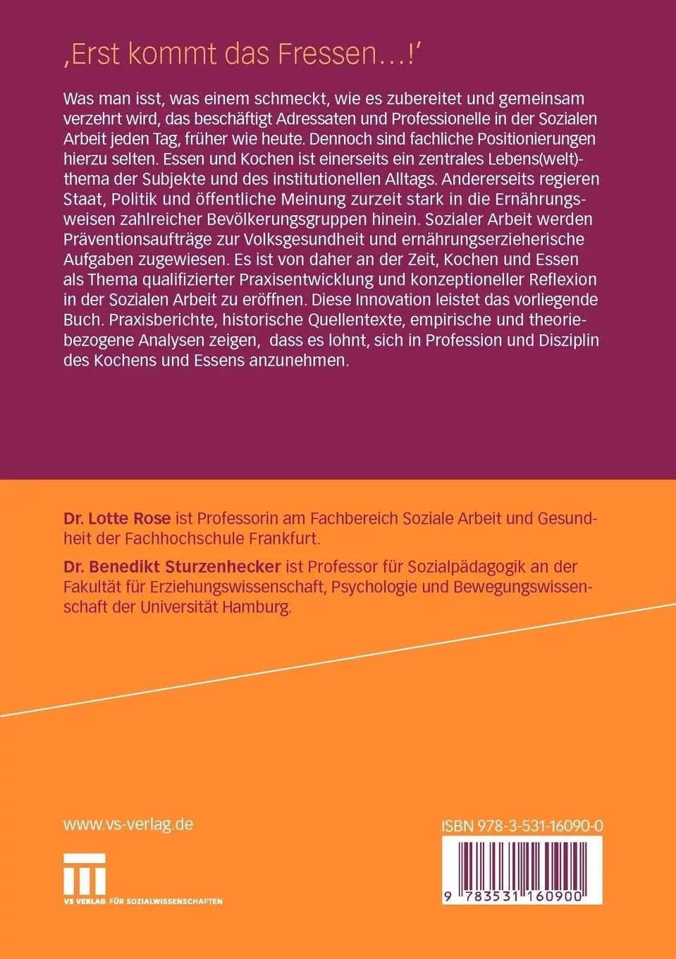 Rückseite: 9783531160900 | 'Erst kommt das Fressen ...!' | Benedikt Sturzenhecker (u. a.) | Buch