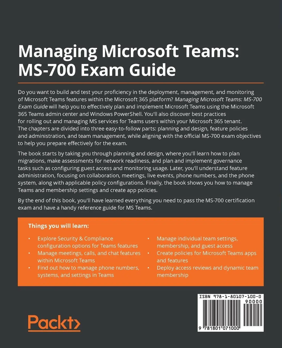 Rückseite: 9781801071000 | Managing Microsoft Teams MS-700 Exam Guide | Peter Rising (u. a.)