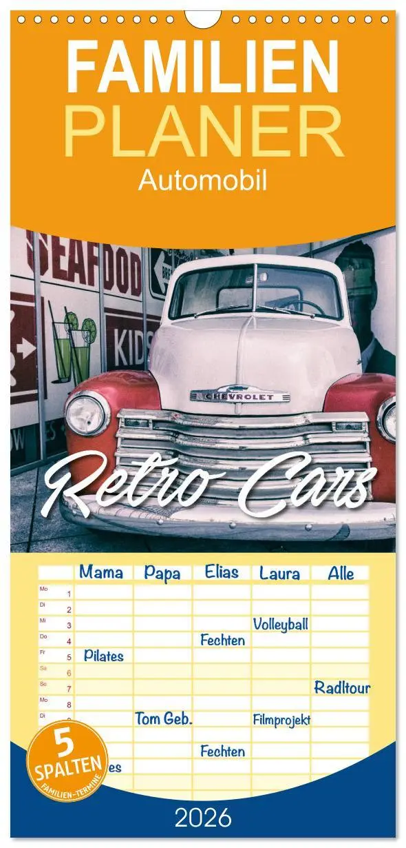 Cover: 9783516511000 | Familienplaner 2026 - Retro Cars mit 5 Spalten (Wandkalender, 21 x...