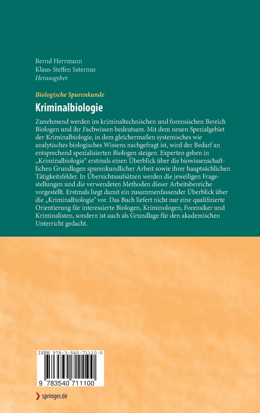 Rückseite: 9783540711100 | Biologische Spurenkunde | Band 1: Kriminalbiologie | Saternus (u. a.)