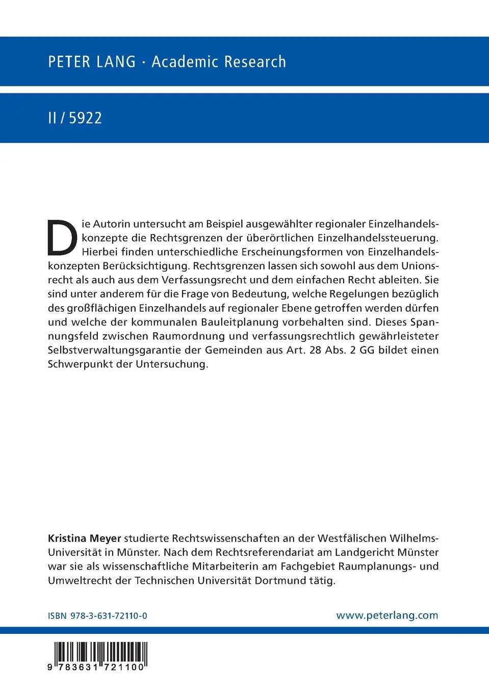 Rückseite: 9783631721100 | Rechtsgrenzen überörtlicher Einzelhandelssteuerung | Kristina Meyer