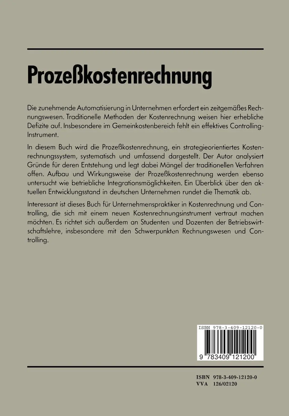 Rückseite: 9783409121200 | Prozeßkostenrechnung | Aufbau und Einsatz | Christoph Olshagen | Buch