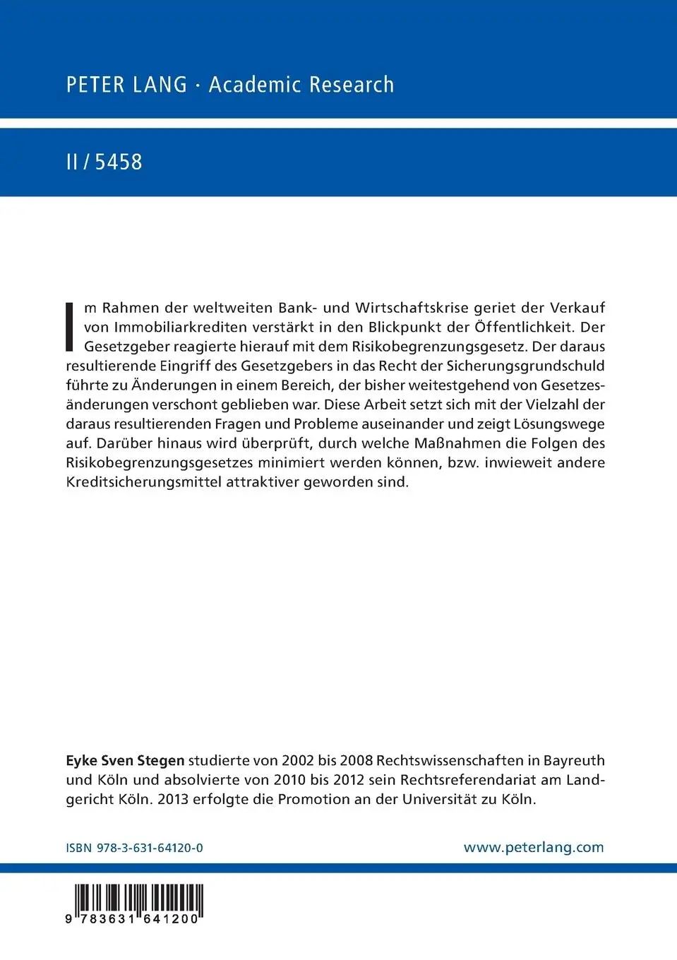 Rückseite: 9783631641200 | Die Sicherungsgrundschuld nach dem Risikobegrenzungsgesetz | Stegen