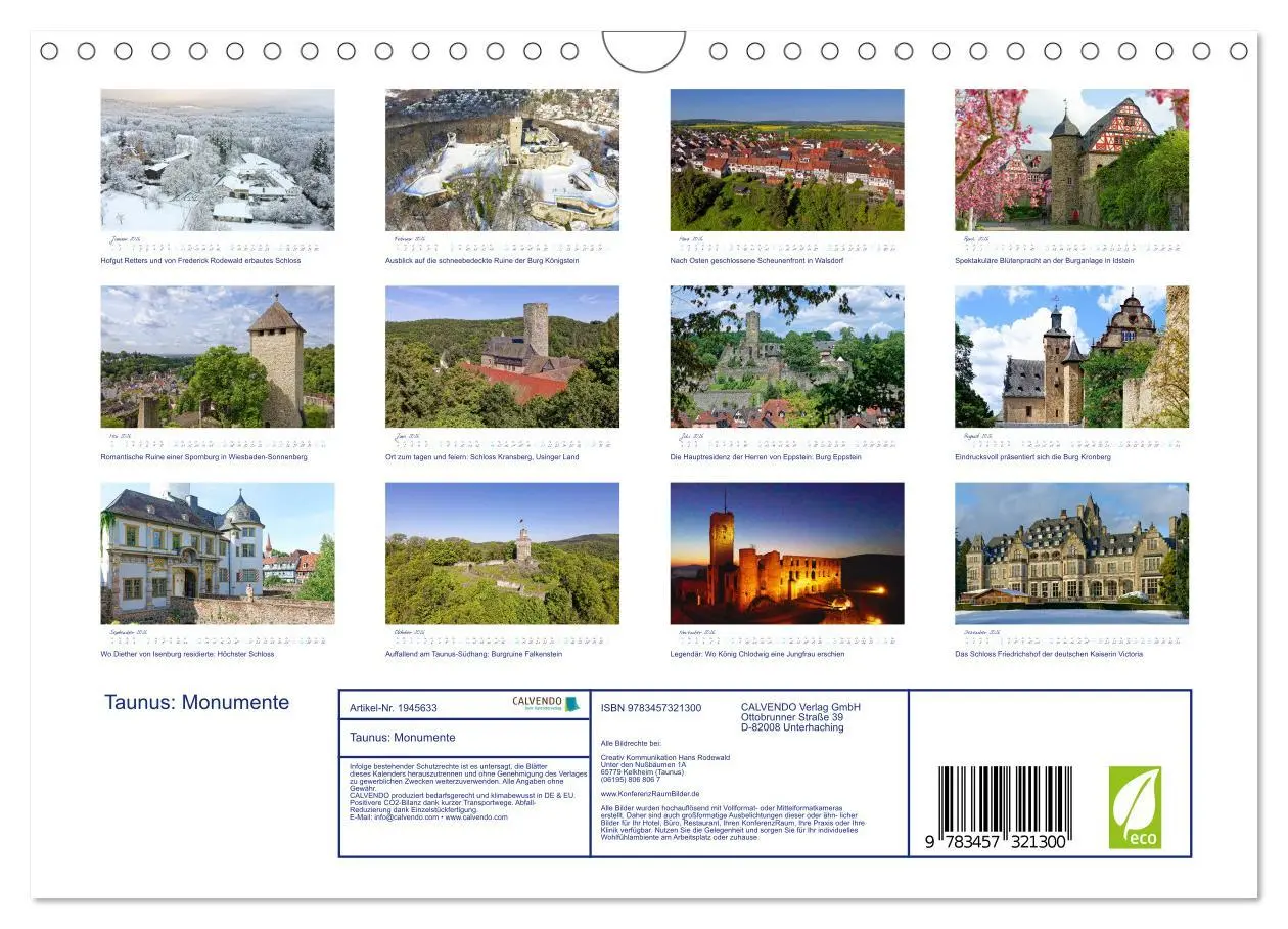 Bild: 9783457321300 | Taunus: Monumente (Wandkalender 2026 DIN A4 quer), CALVENDO...
