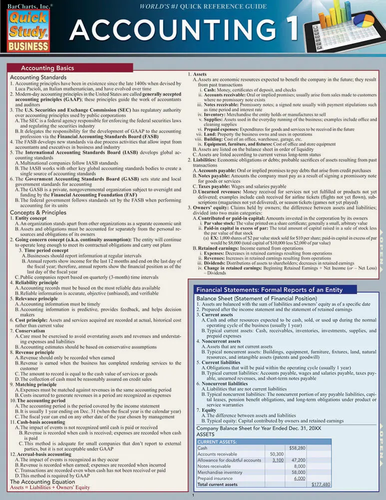 Cover: 9781423221500 | Accounting 1 | QuickStudy Laminated Reference Guide | Griffin | 2024
