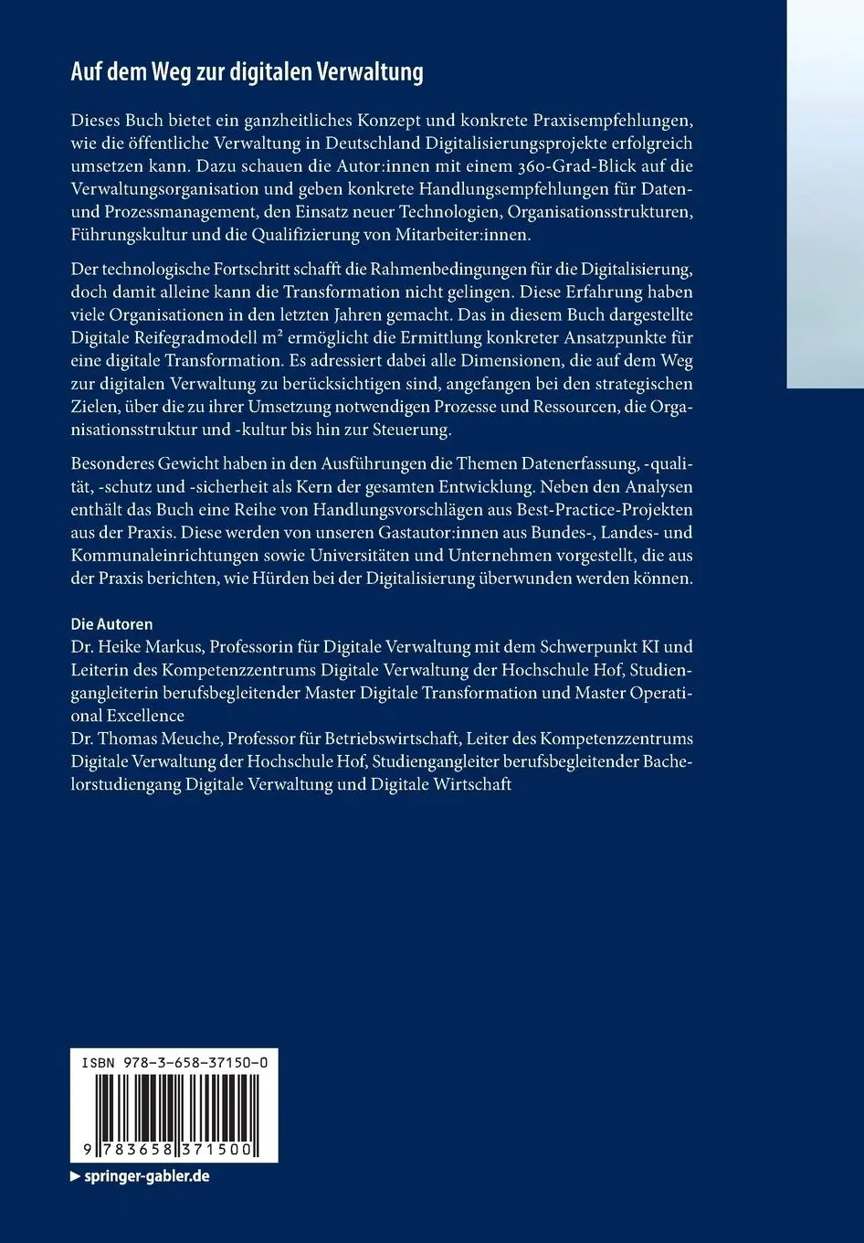 Rückseite: 9783658371500 | Auf dem Weg zur digitalen Verwaltung | Thomas Meuche (u. a.) | Buch