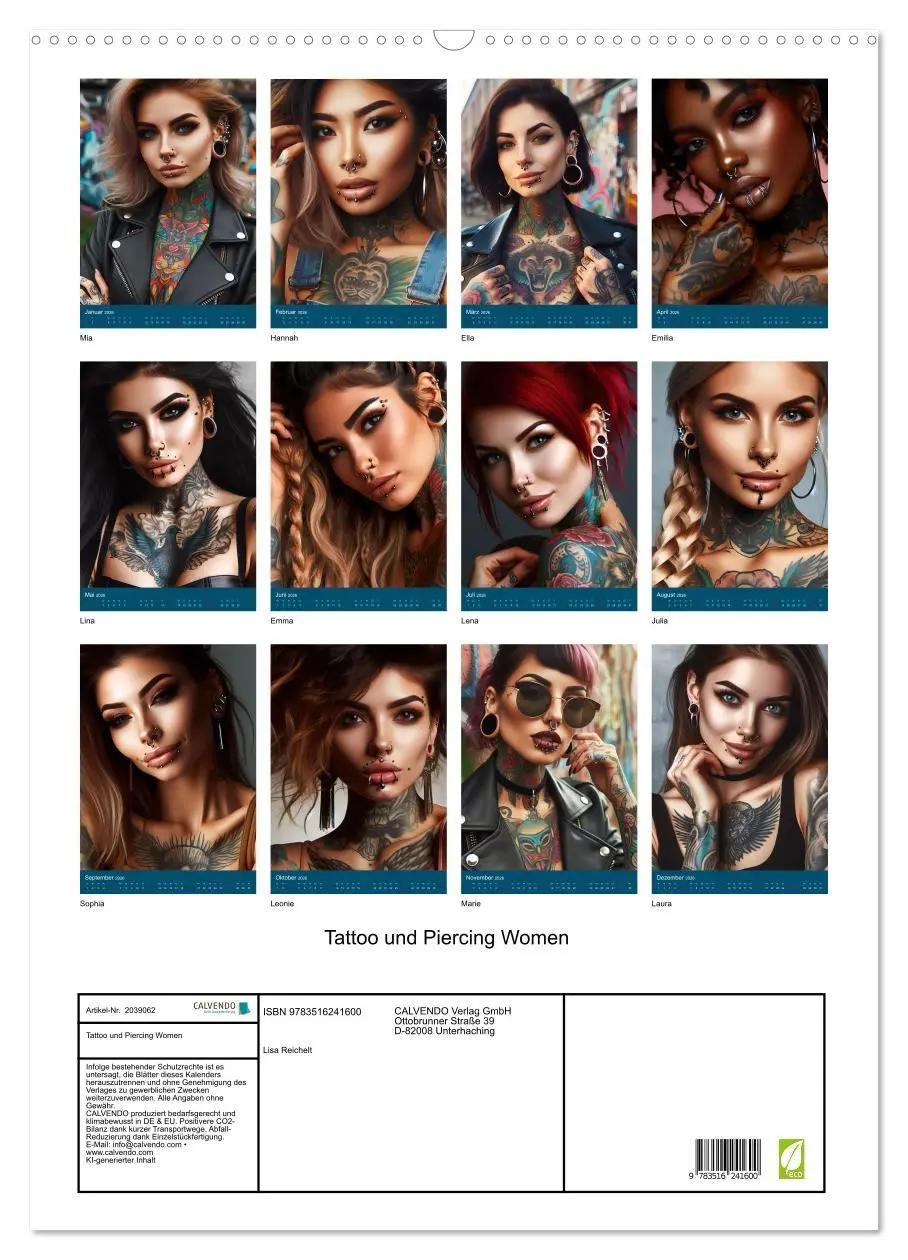 Bild: 9783516241600 | Tattoo und Piercing Women (Wandkalender 2026 DIN A2 hoch), CALVENDO...