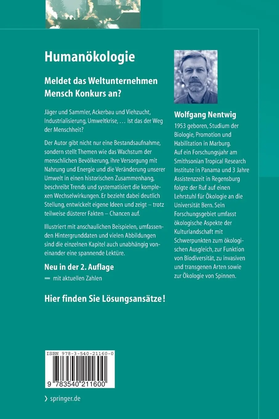 Rückseite: 9783540211600 | Humanökologie | Fakten - Argumente - Ausblicke | Wolfgang Nentwig | xv