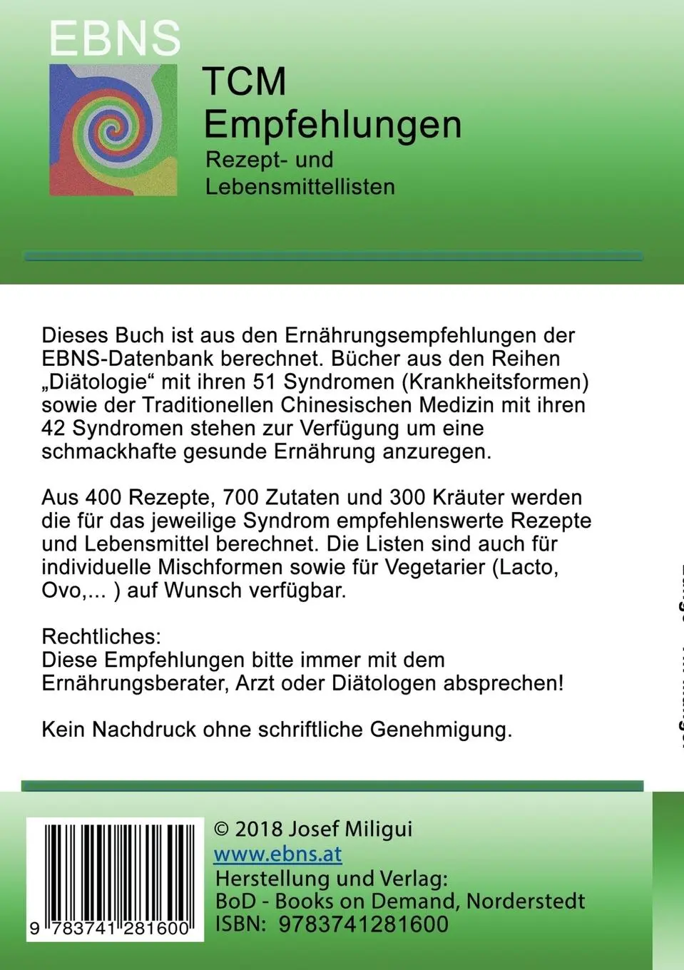 Rückseite: 9783741281600 | Ernährung - TCM - Lunge - Yin Mangel | Josef Miligui | Taschenbuch