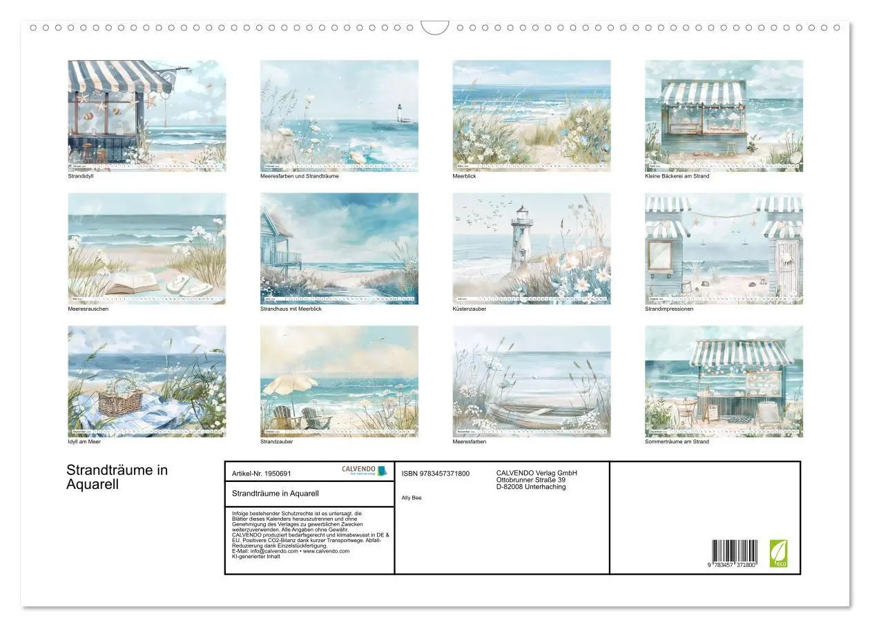 Bild: 9783457371800 | Strandträume in Aquarell (Wandkalender 2026 DIN A2 quer), CALVENDO...