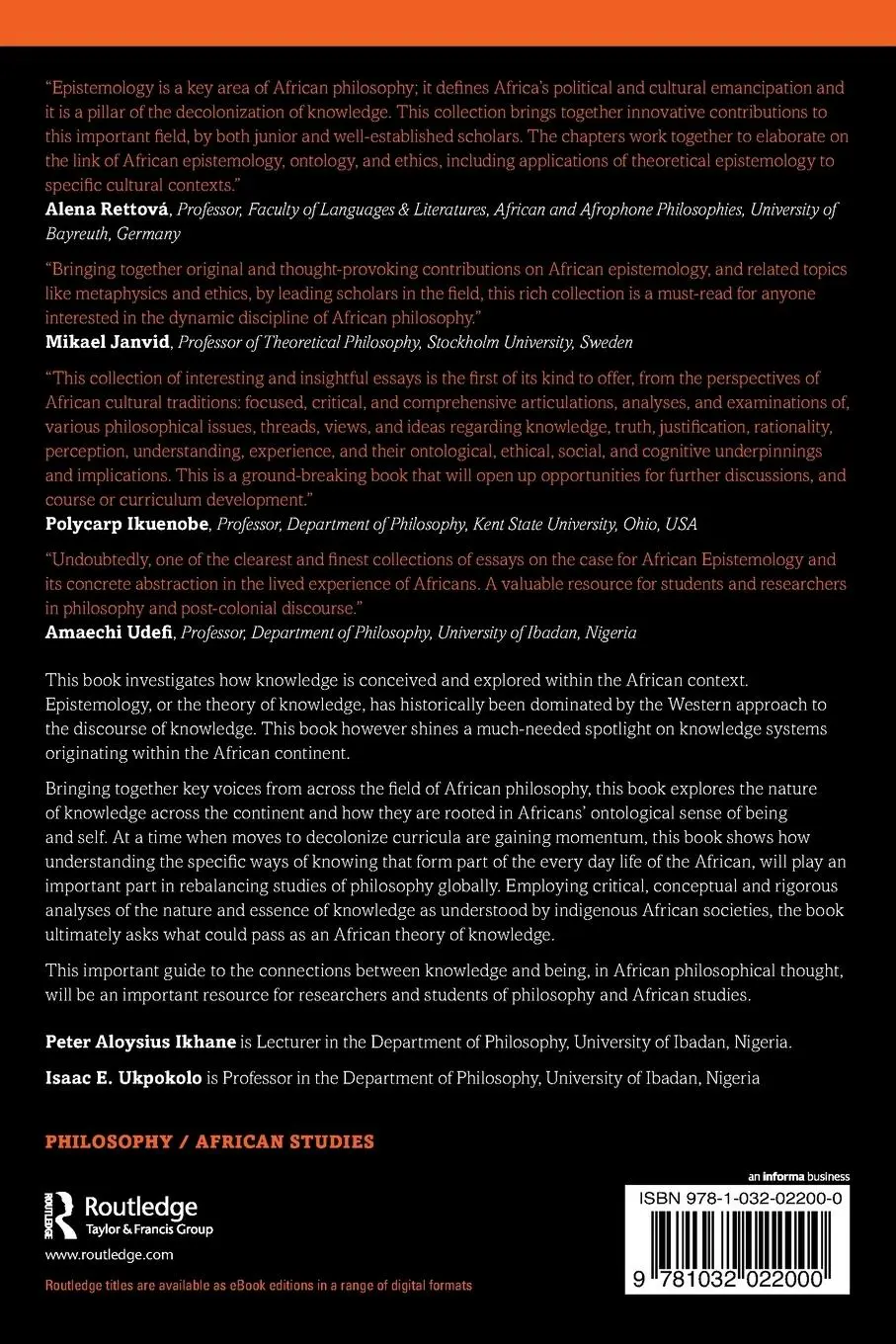 Rückseite: 9781032022000 | African Epistemology | Essays on Being and Knowledge | Ikhane (u. a.)