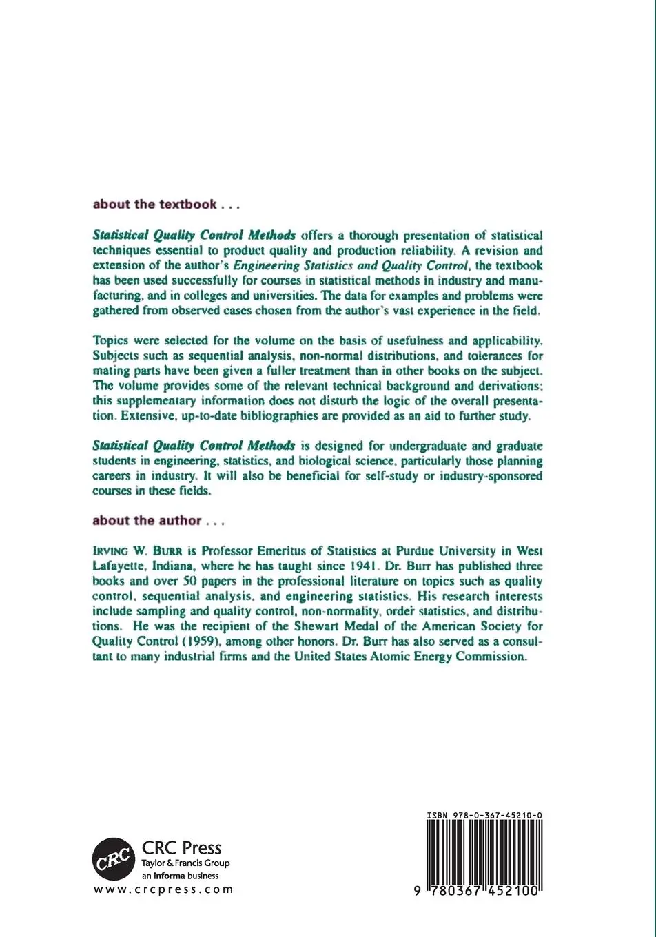 Rückseite: 9780367452100 | Statistical Quality Control Methods | Irving W. Burr | Taschenbuch