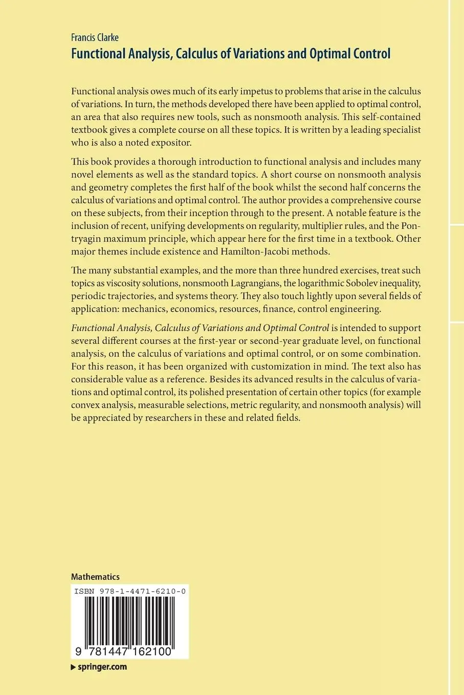 Rückseite: 9781447162100 | Functional Analysis, Calculus of Variations and Optimal Control | Buch