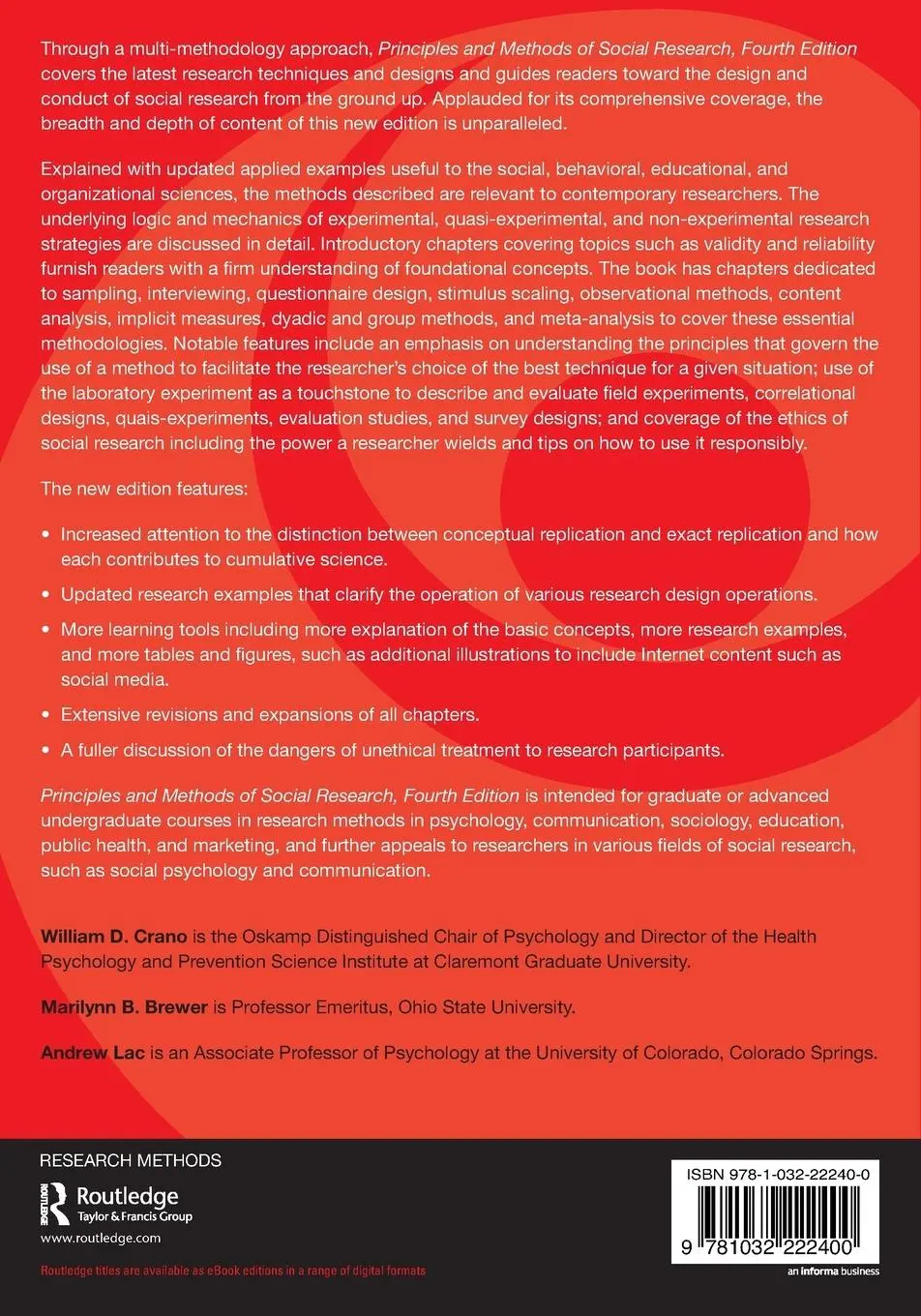 Rückseite: 9781032222400 | Principles and Methods of Social Research | William D. Crano (u. a.)
