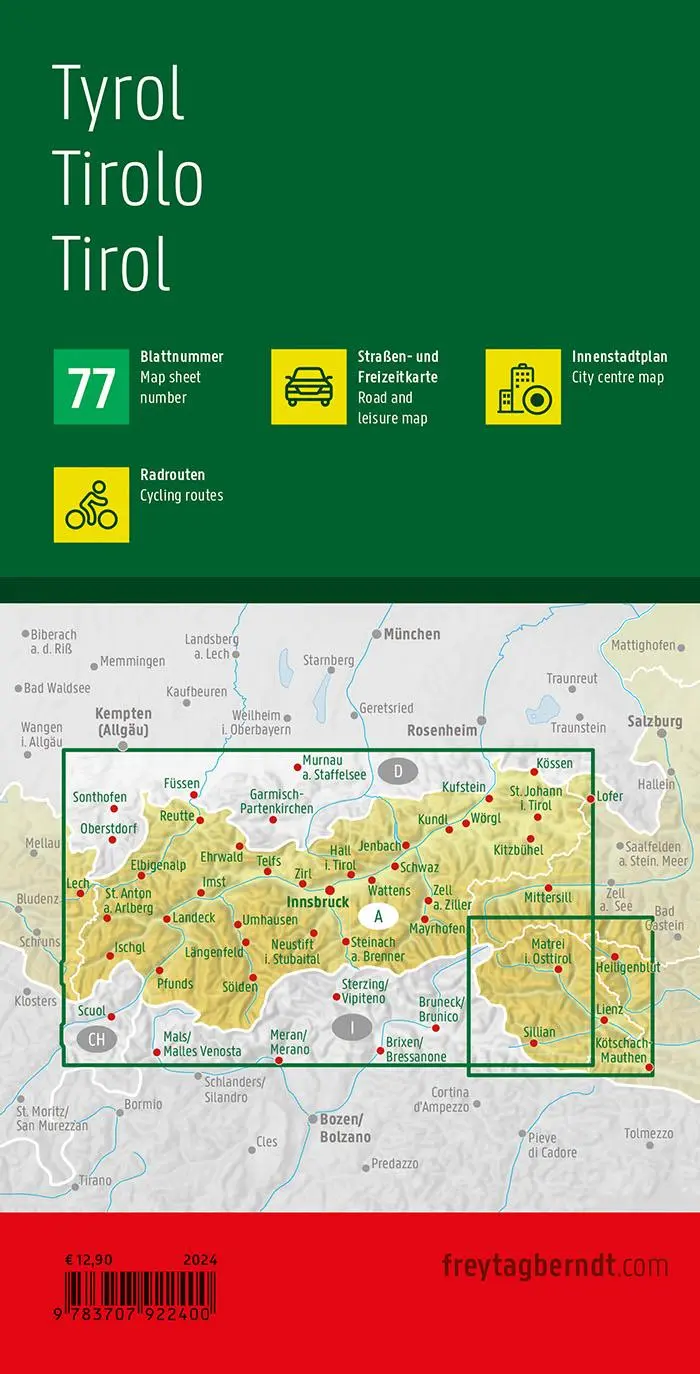 Rückseite: 9783707922400 | Tirol, Straßen- und Freizeitkarte 1:150.000, freytag &amp; berndt | Berndt