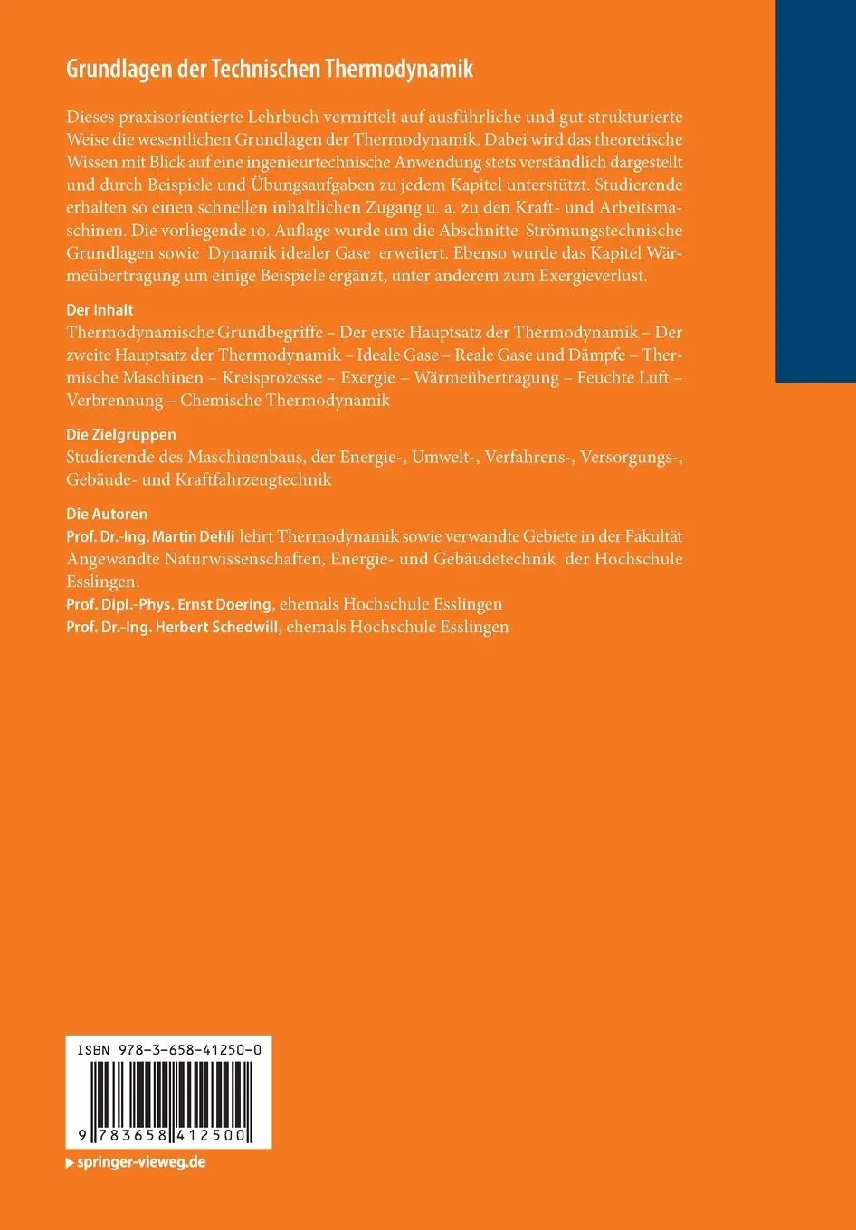 Rückseite: 9783658412500 | Grundlagen der Technischen Thermodynamik | Martin Dehli (u. a.) | Buch
