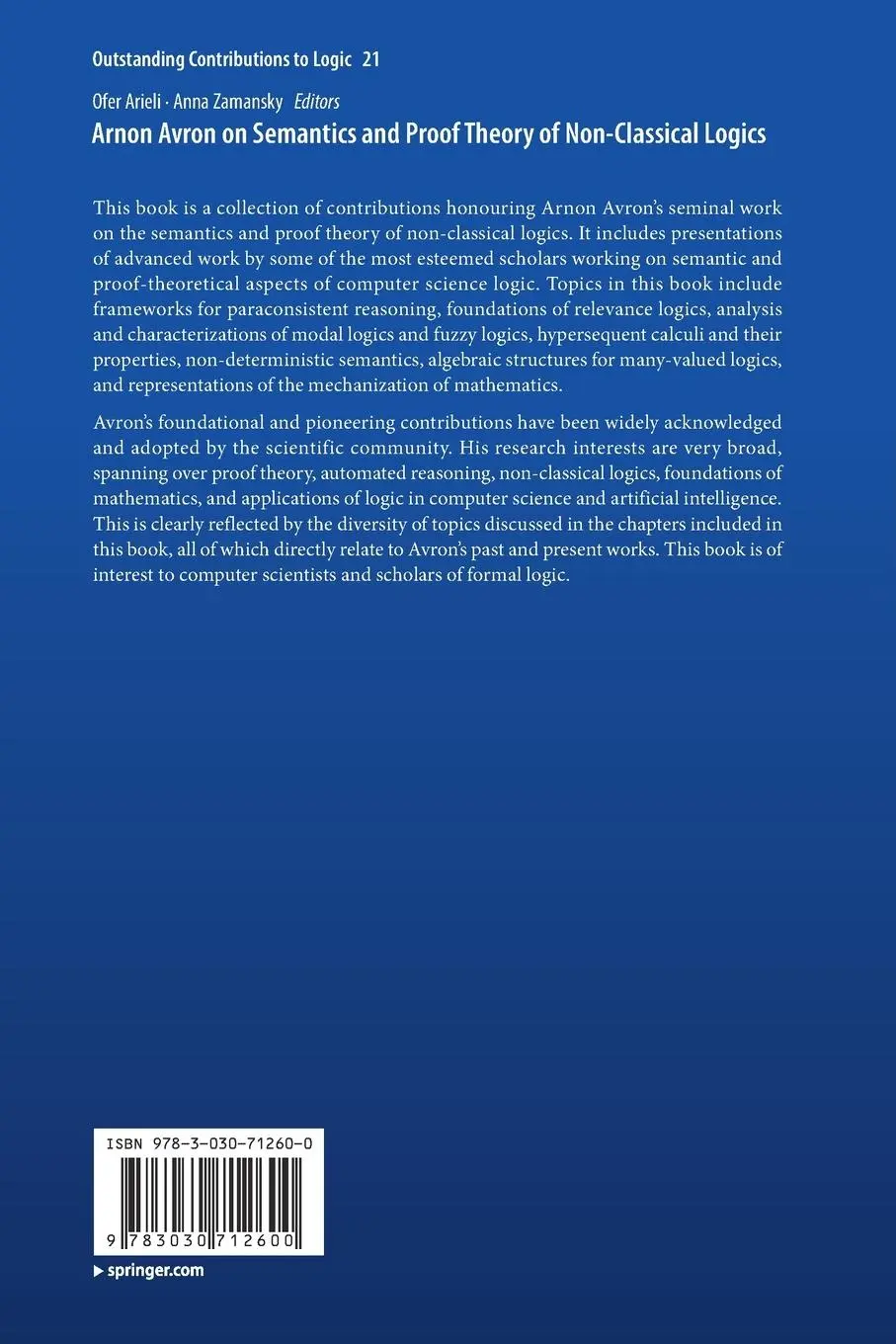 Rückseite: 9783030712600 | Arnon Avron on Semantics and Proof Theory of Non-Classical Logics