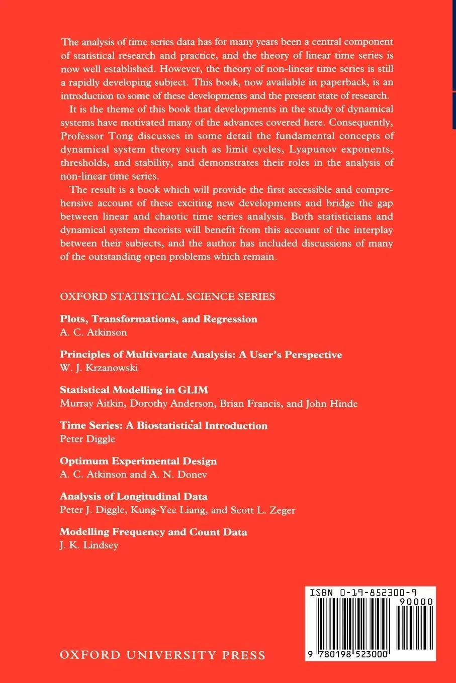 Rückseite: 9780198523000 | Non-Linear Time Series ' a Dynamical System Approach ' | Tong (u. a.)