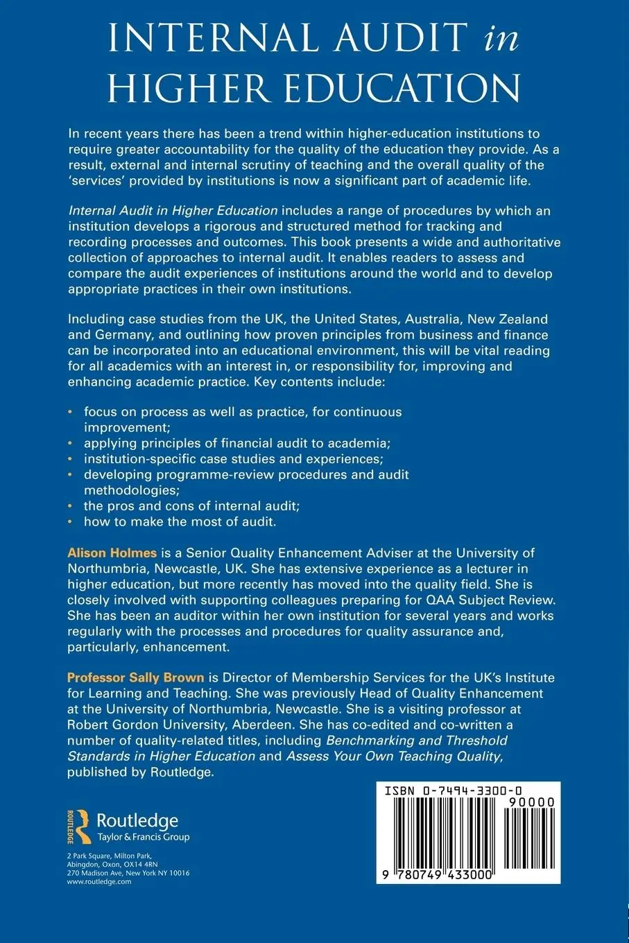 Rückseite: 9780749433000 | Internal Audit in Higher Education | Alison Holmes (u. a.) | Buch
