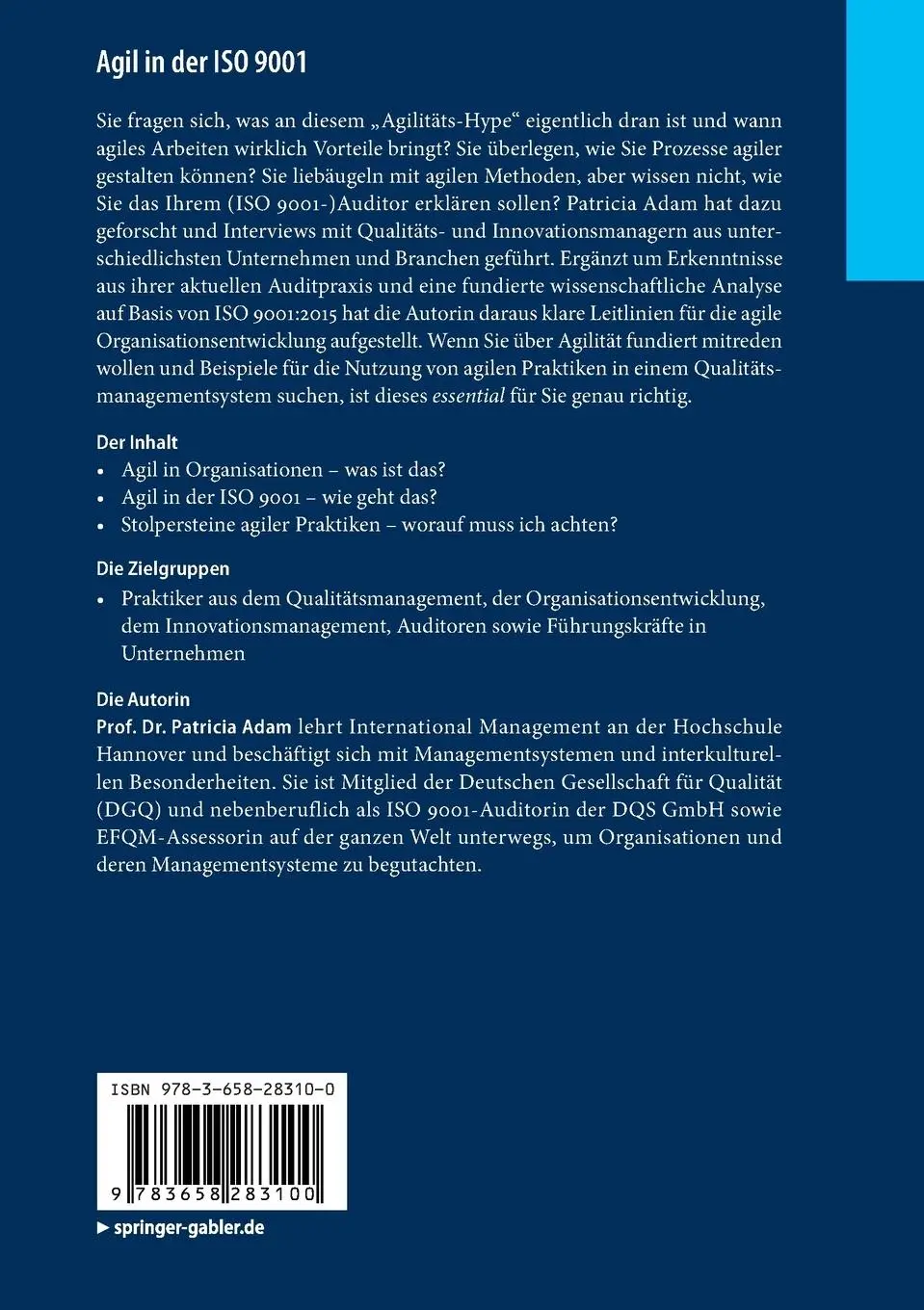 Rückseite: 9783658283100 | Agil in der ISO 9001 | Patricia A. Adam | Taschenbuch | ix | Deutsch
