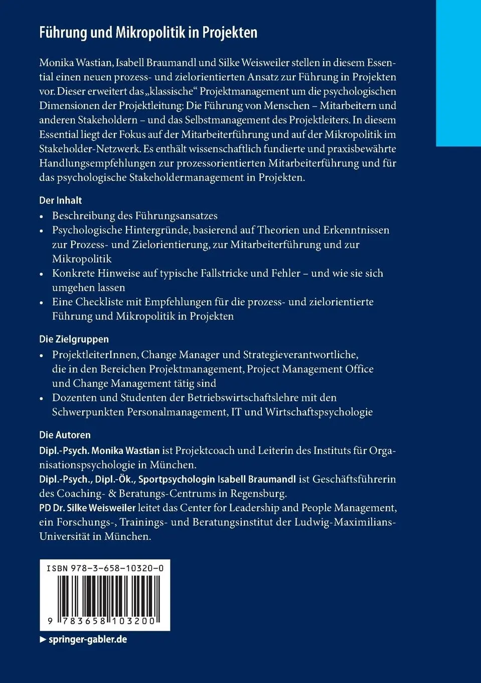 Rückseite: 9783658103200 | Führung und Mikropolitik in Projekten | Monika Wastian (u. a.) | Buch