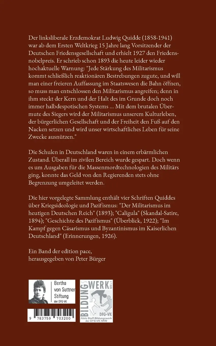Rückseite: 9783759703200 | Über Militarismus und Pazifismus | Ludwig Quidde | Taschenbuch | 2024