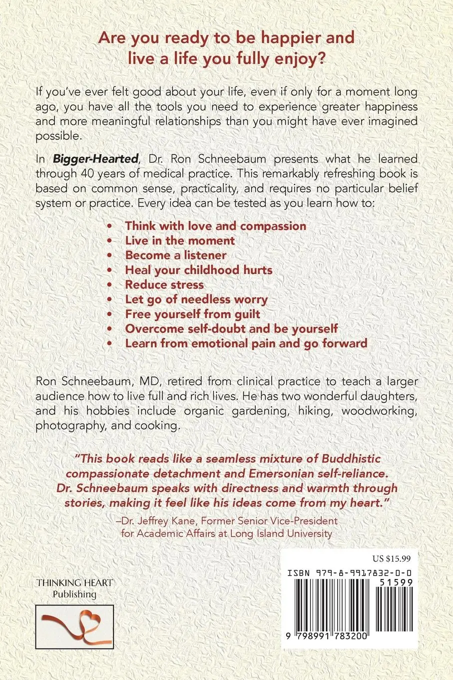 Rückseite: 9798991783200 | Bigger Hearted | MD Ron Schneebaum | Taschenbuch | Englisch | 2024