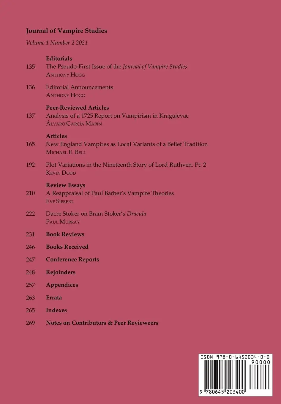 Rückseite: 9780645203400 | Journal of Vampire Studies | Vol. 1, No. 2 (2021) | Hogg (u. a.)