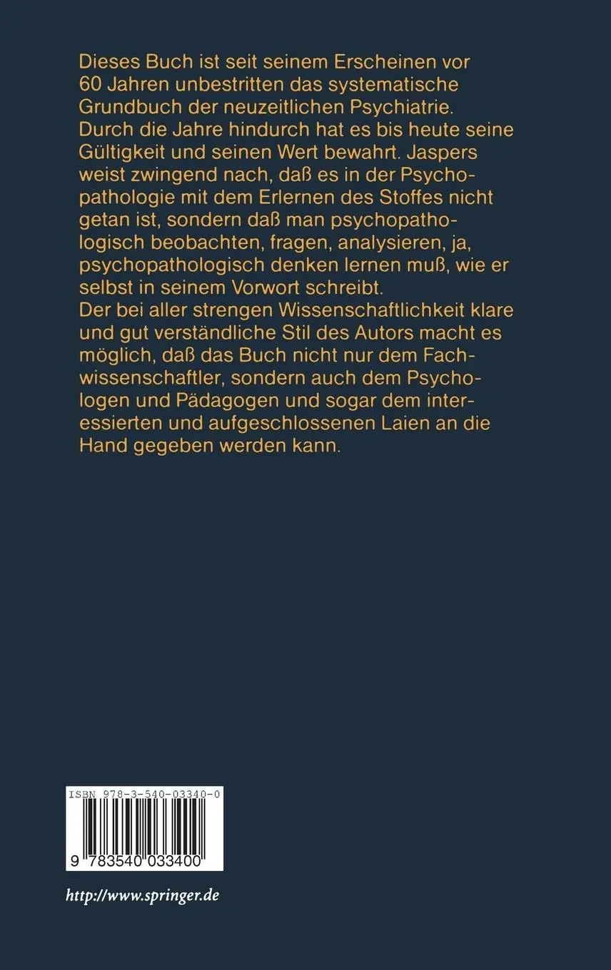 Rückseite: 9783540033400 | Allgemeine Psychopathologie | Karl Jaspers | Buch | xvi | Deutsch