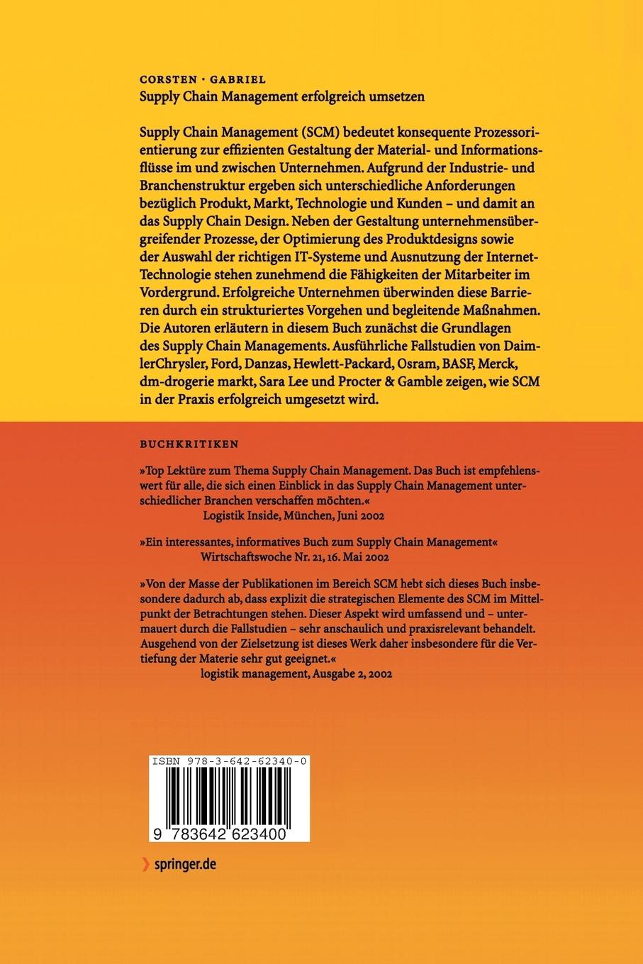 Rückseite: 9783642623400 | Supply Chain Management erfolgreich umsetzen | Gabriel (u. a.) | Buch
