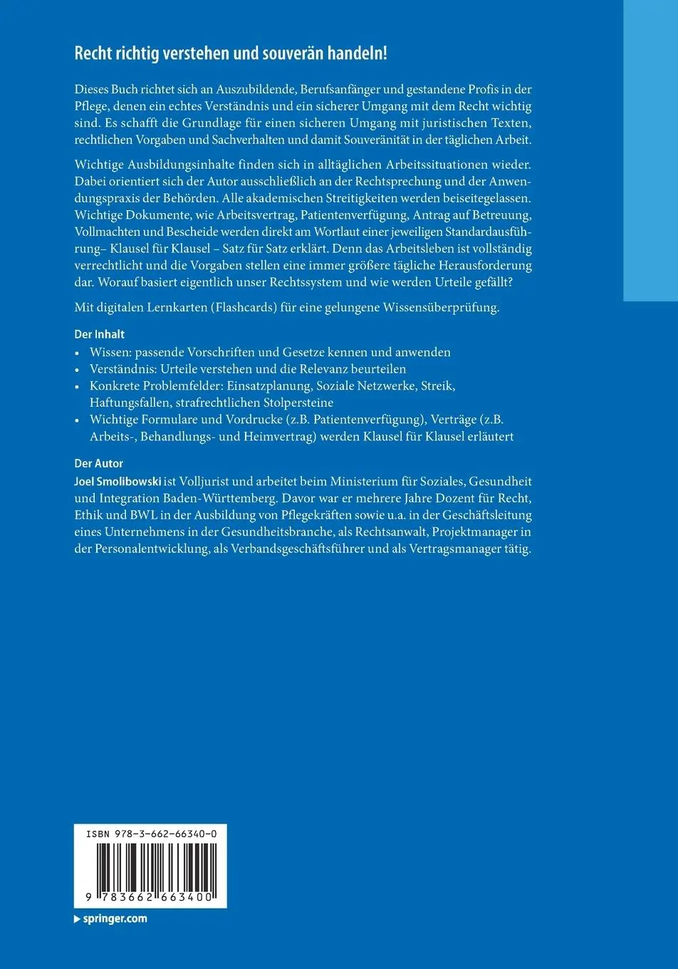 Rückseite: 9783662663400 | Recht in der Pflege verstehen | Joel Smolibowski | Bundle | Deutsch