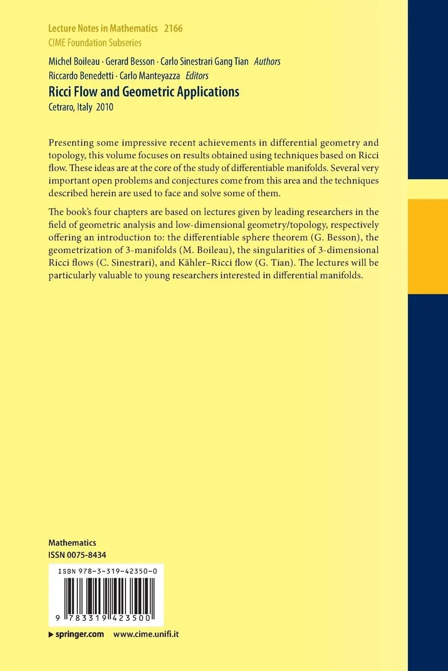 Rückseite: 9783319423500 | Ricci Flow and Geometric Applications | Cetraro, Italy 2010 | Buch