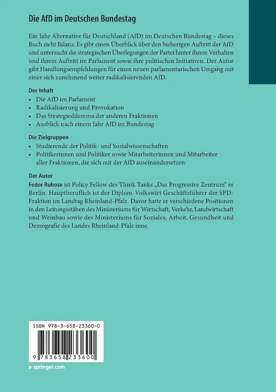 Rückseite: 9783658233600 | Die AfD im Deutschen Bundestag | Fedor Ruhose | Taschenbuch | ix