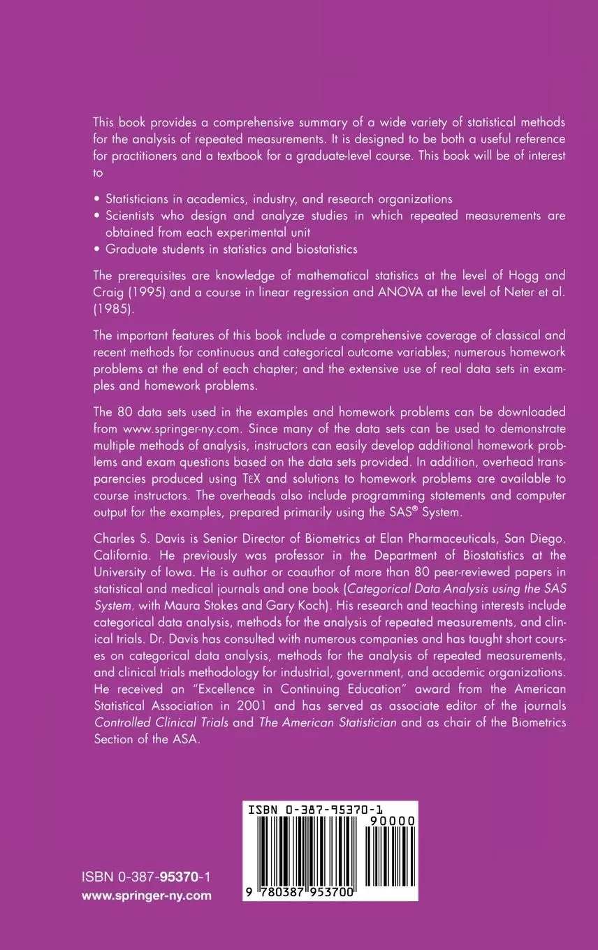 Rückseite: 9780387953700 | Statistical Methods for the Analysis of Repeated Measurements | Davis