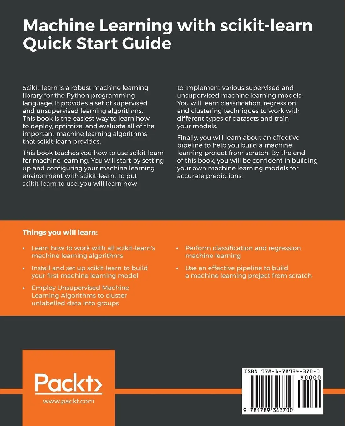 Rückseite: 9781789343700 | Machine Learning with scikit-learn Quick Start Guide | Kevin Jolly