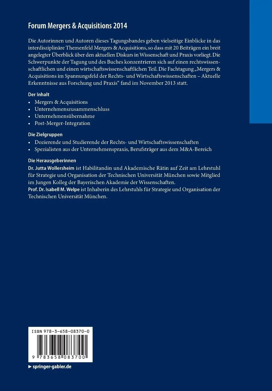 Rückseite: 9783658083700 | Forum Mergers &amp; Acquisitions 2014 | Jutta Wollersheim (u. a.) | Buch