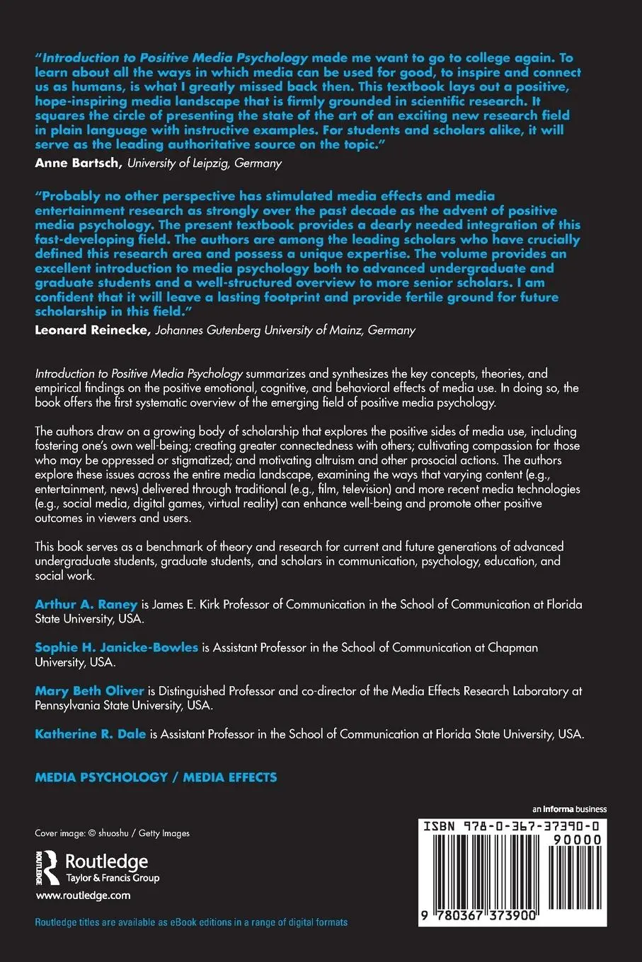 Rückseite: 9780367373900 | Introduction to Positive Media Psychology | Arthur A. Raney (u. a.)