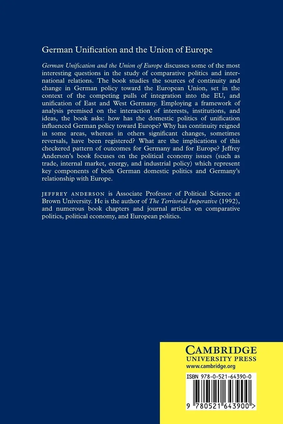 Rückseite: 9780521643900 | German Unification and the Union of Europe | Anderson (u. a.) | Buch